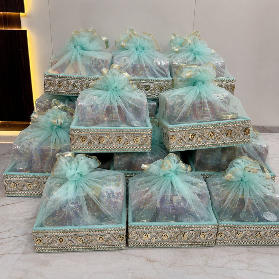 Set of 3-Turquoise Silver Embroidered Wedding Hamper Basket  Set