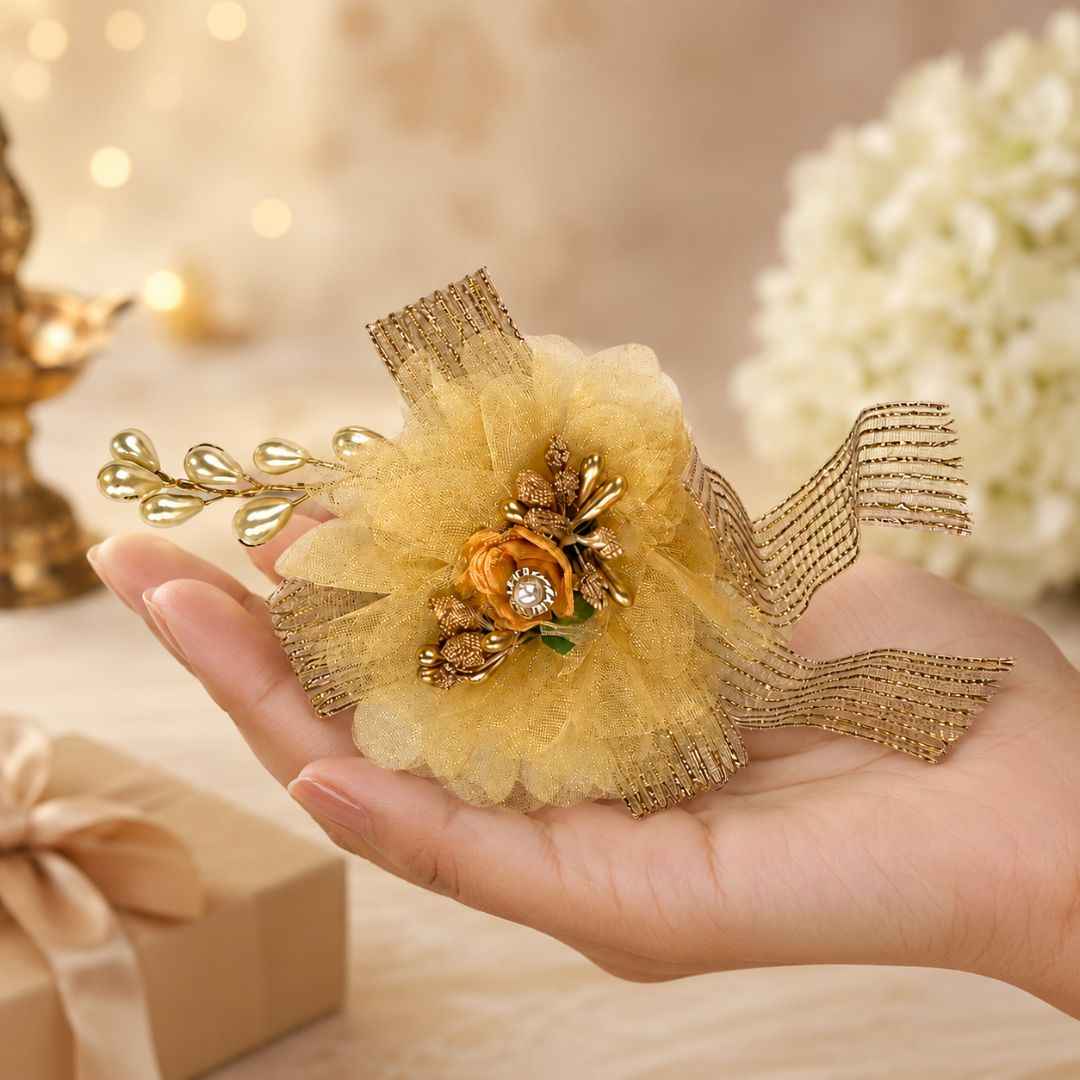 Set of 5 Golden Net Flower Decorative Accessories for Hamper & Trousseau Packing