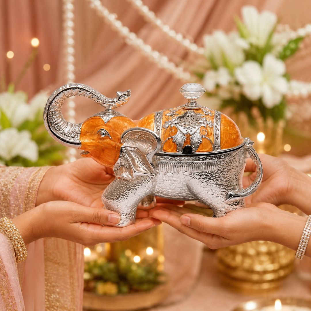 Luxury Elephant Shape Dry Fruit Container with Lid – Silver & Orange Finish (8 Inch)