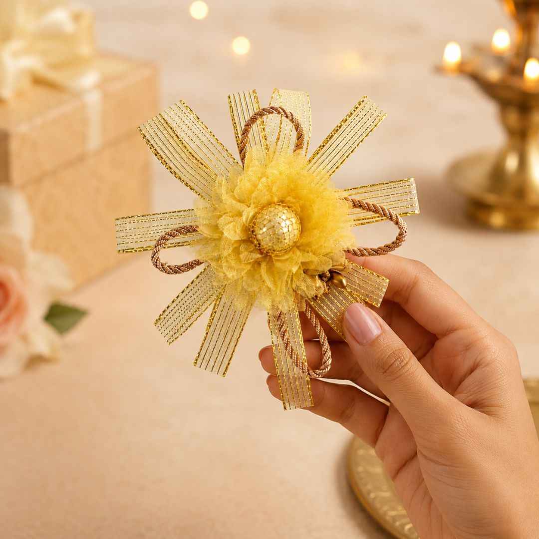 Set of 5 Golden Ribbon Floral Decorative Accessories for Hamper & Trousseau Packing