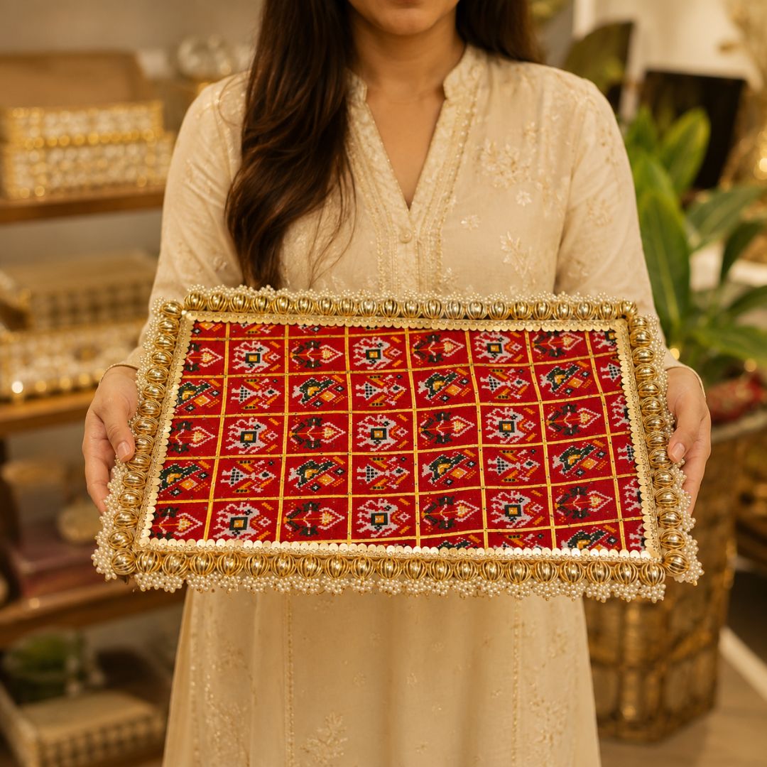 Red Patola Pearl Border Wedding Trousseau Tray