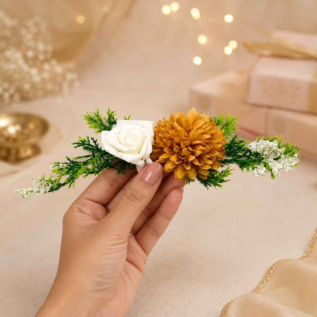 Set of 5 White & Mustard Floral Decorative Accessories for Hamper & Trousseau Packing