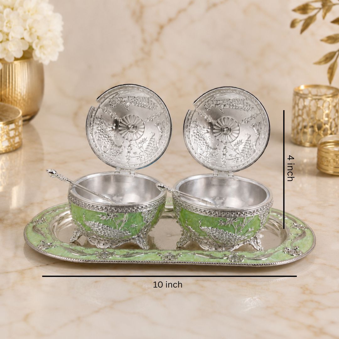 German Silver Green Peacock Serving Set with Spoons