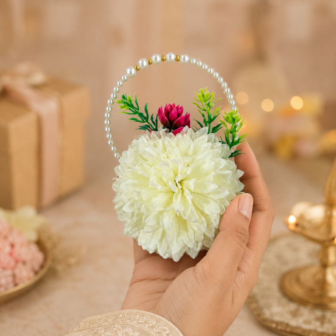 Set of 5 Ivory Pearl Handle Floral Decorative Accessories for Hamper & Trousseau Packing