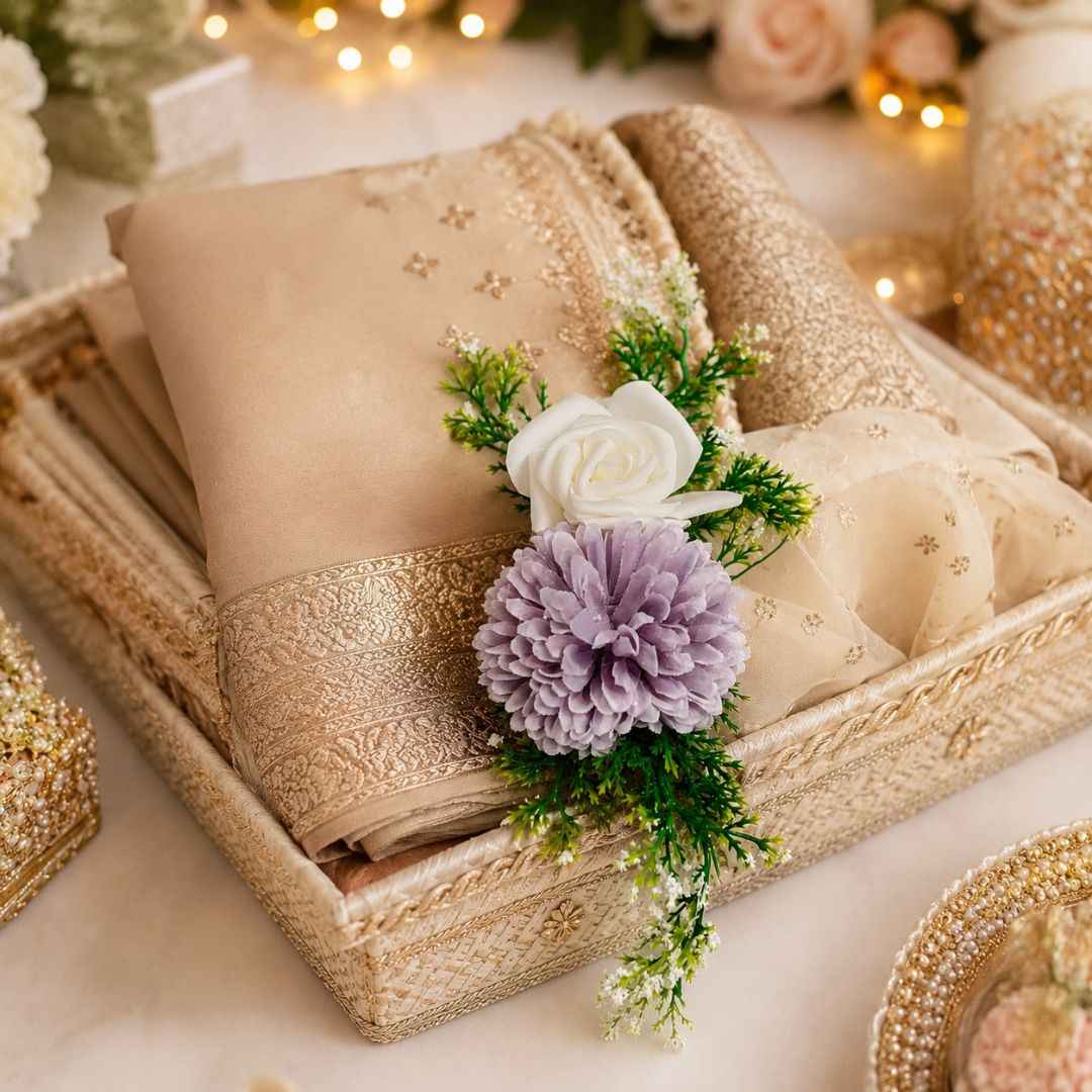 Set of 5 Lavender & White Floral Decorative Accessories for Hamper & Trousseau Packing