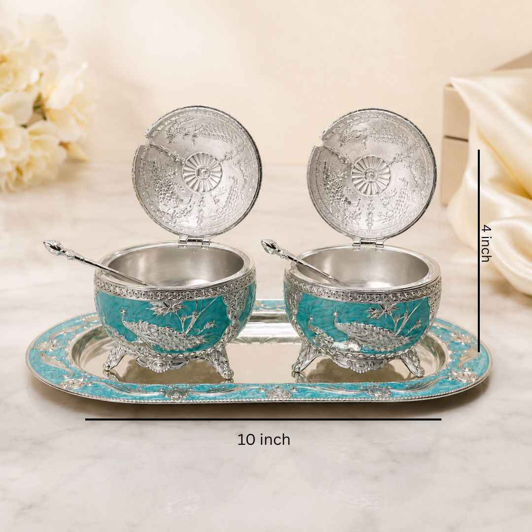 German Silver Aqua Peacock Serving Set with Spoons