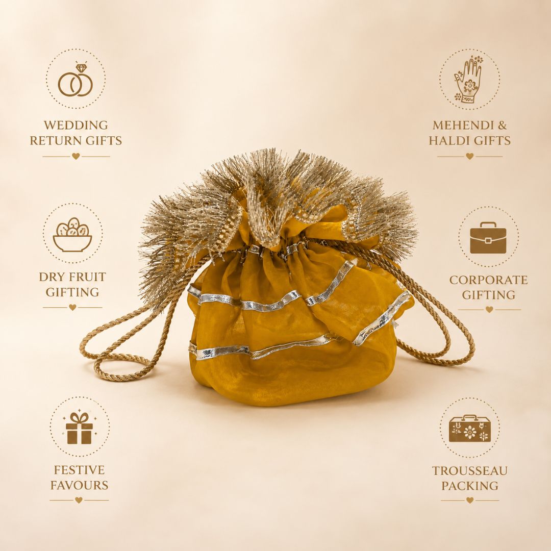 Pack of 5 -Mustard Yellow Gold Lace Drawstring Potli Bag
