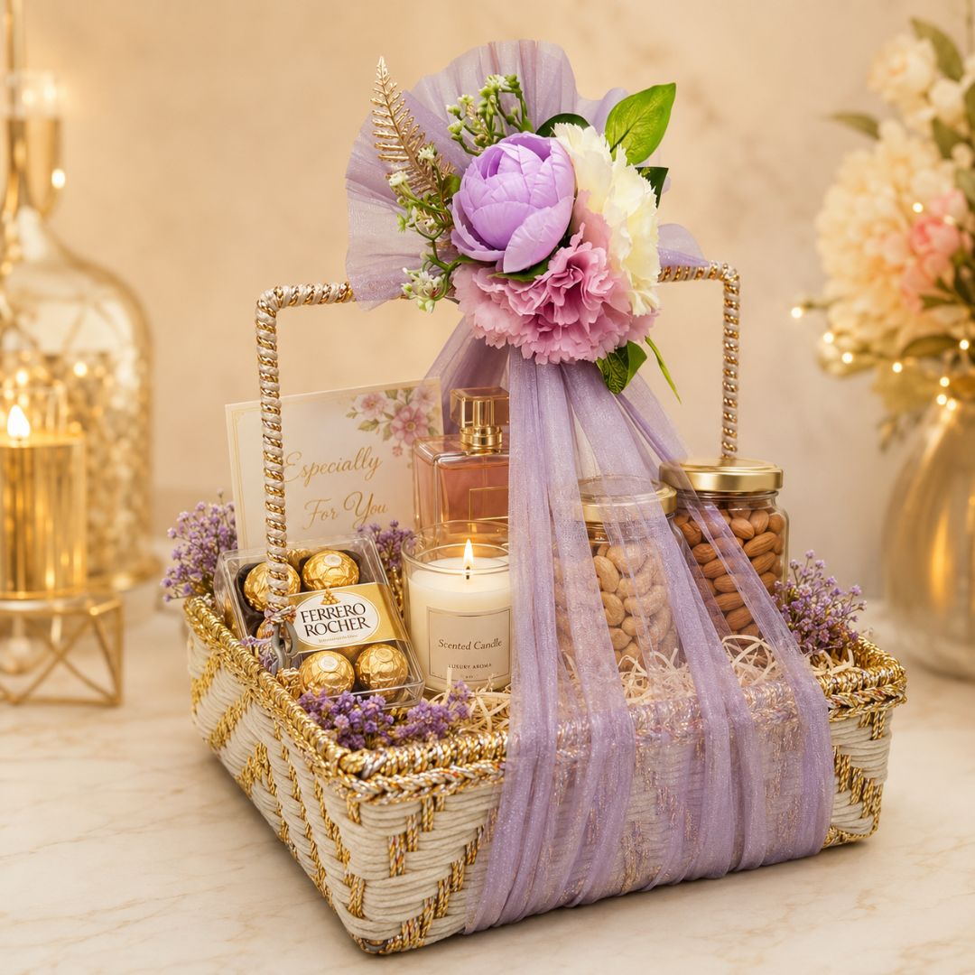 White & Gold Floral Basket (Set of 3) – (10x10 Inches)