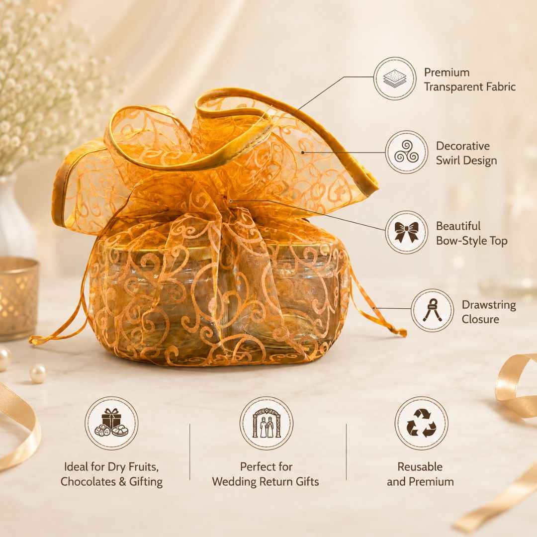 Orange Organza Potli Gift Bag Pack of 5 with Golden Base