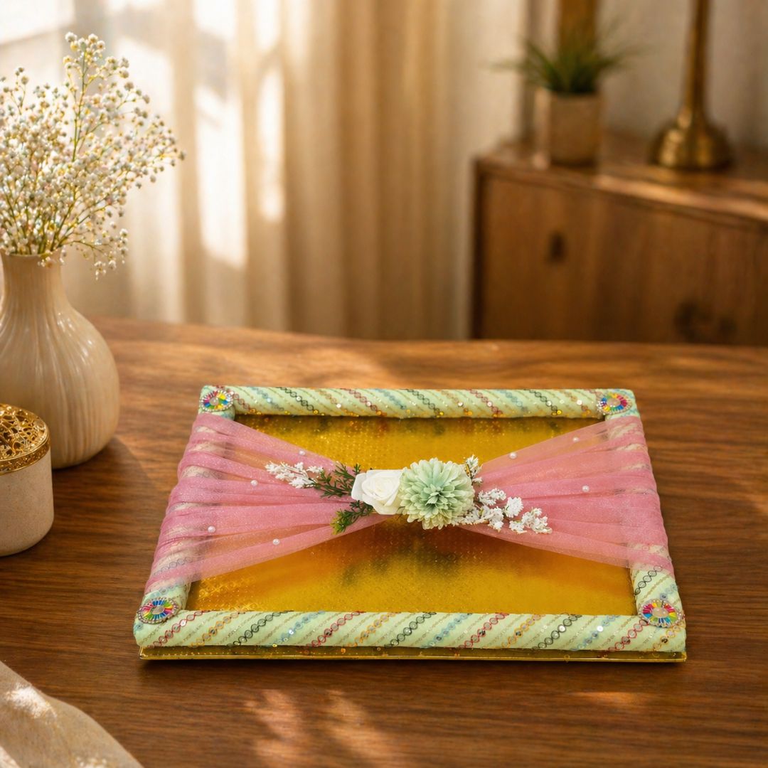 (Set of 3) Classic Green Brocade Trousseau Trays with Organza & Floral Decor – Wedding Gift Packing Made Elegant