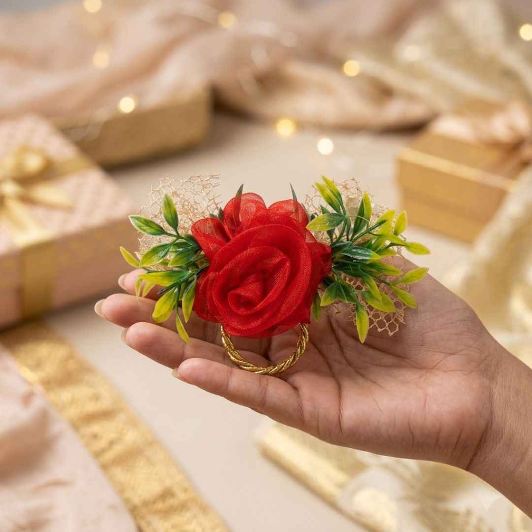 Set of 5 Red Net Flower Decorative Accessories for Hamper & Trousseau Packing