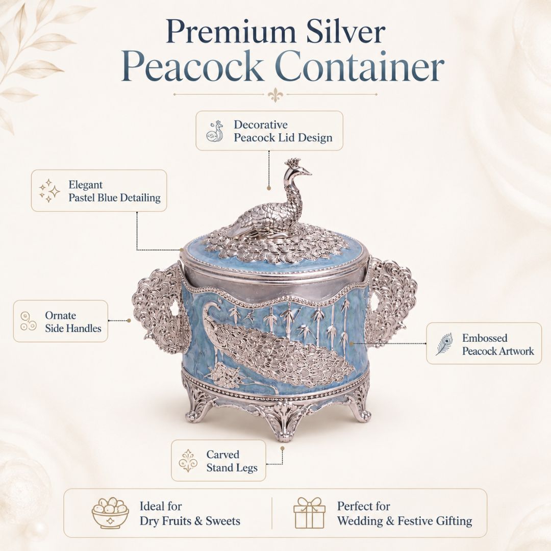 German Silver Peacock Round Jar with Lid – 6 Inch Luxury Sweet & Dry Fruit Box - Adscraft.in