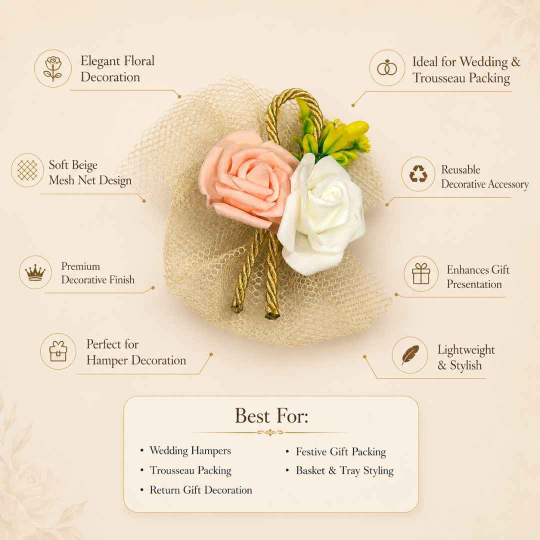 Pack of 5 Peach & White Rose Net Decorative Accessories for Hamper Packing