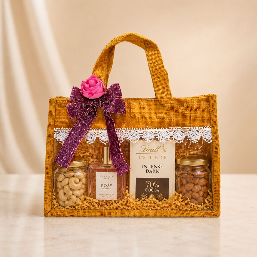 (Set of 5)Premium Jute Transparent Gift Bags with Lace & Floral Bow – 10 x 14 Inch Sizes