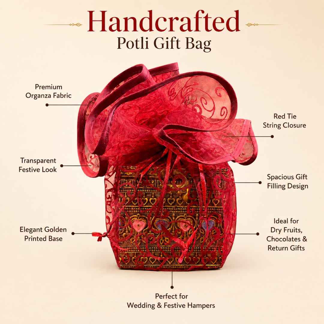 Red Organza Potli Gift Bag Pack of 5 with Golden Base