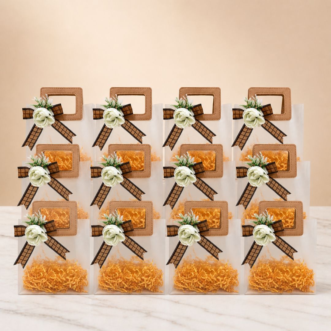 (Set of 5)Premium Frosted Gift Bag with Wooden Handle & Floral Bow – (6.5 x 9 Inches)