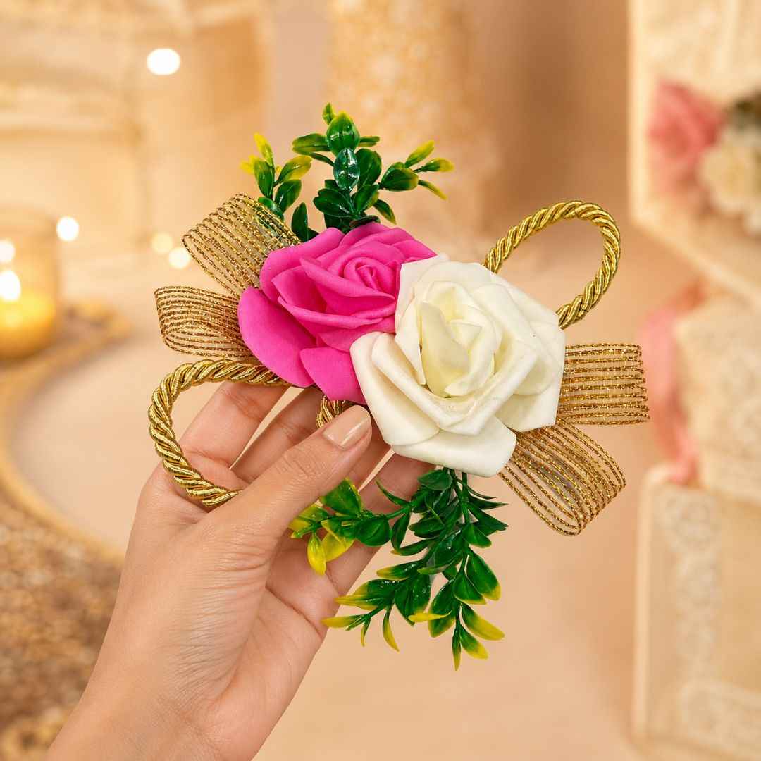 Pack of 5 Pink & White Rose Golden Ribbon Decorative Accessories