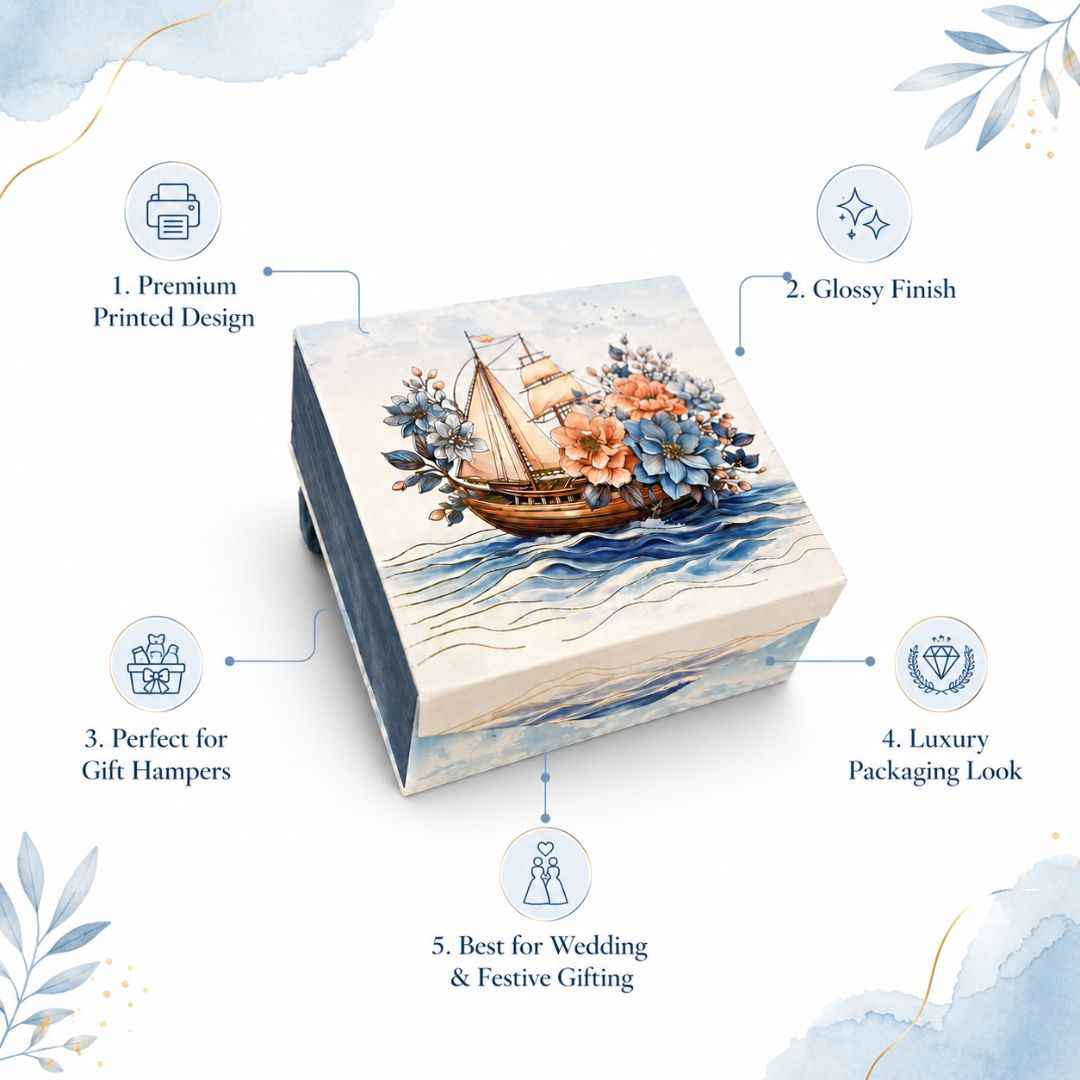Pack of 5 Sailing Boat Floral Printed Square Gift Box – Premium Gift & Hamper Packaging Box