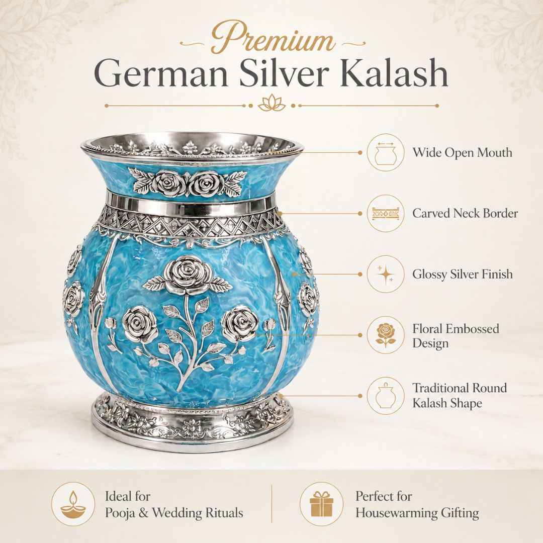 German Silver Floral Kalash with Sky Blue Enamel Work