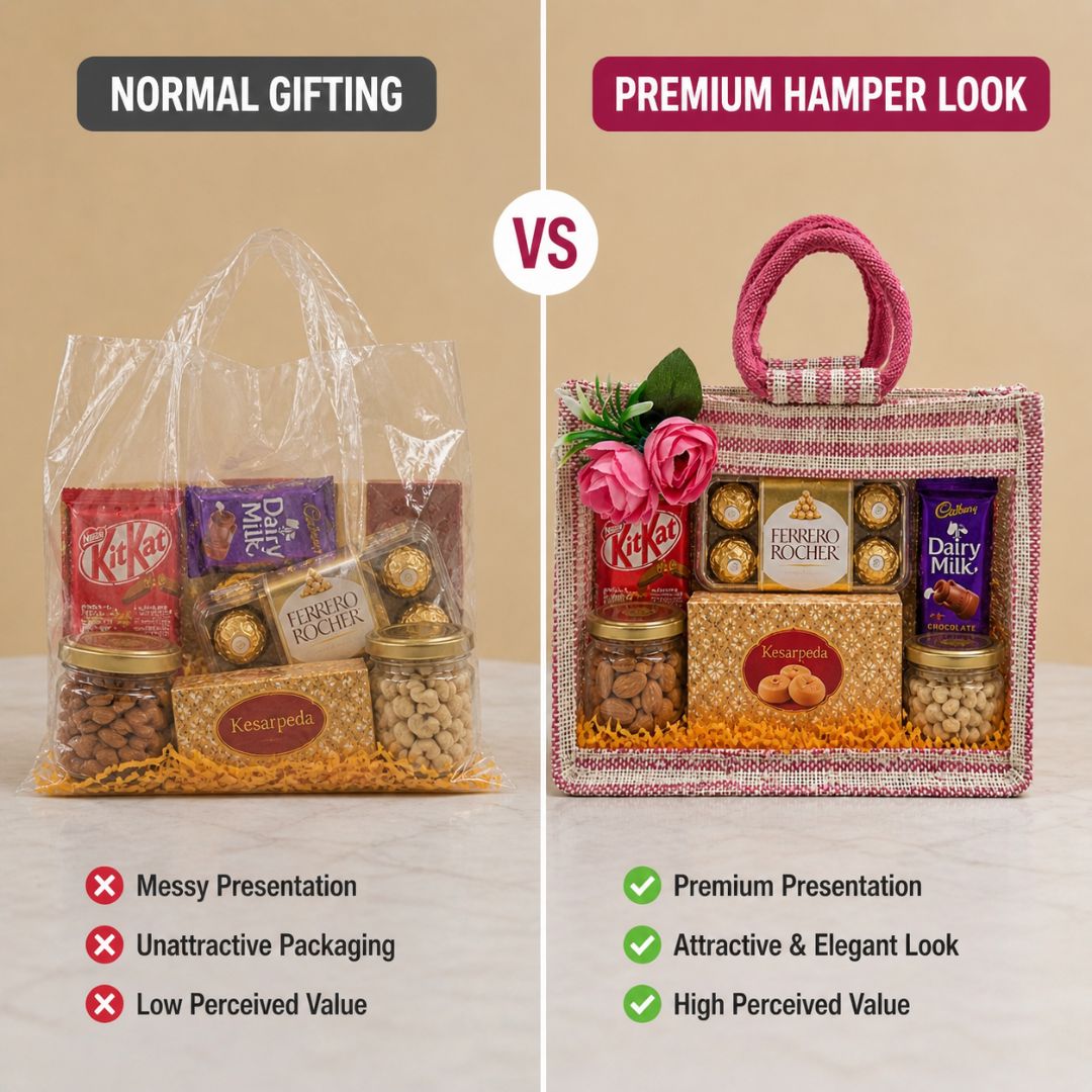 (Set of 5) Premium Pink Jute Gift Bags with Floral Decoration & Handle (11 x 12 Inch) – Wedding Return Gift & Hamper Packaging