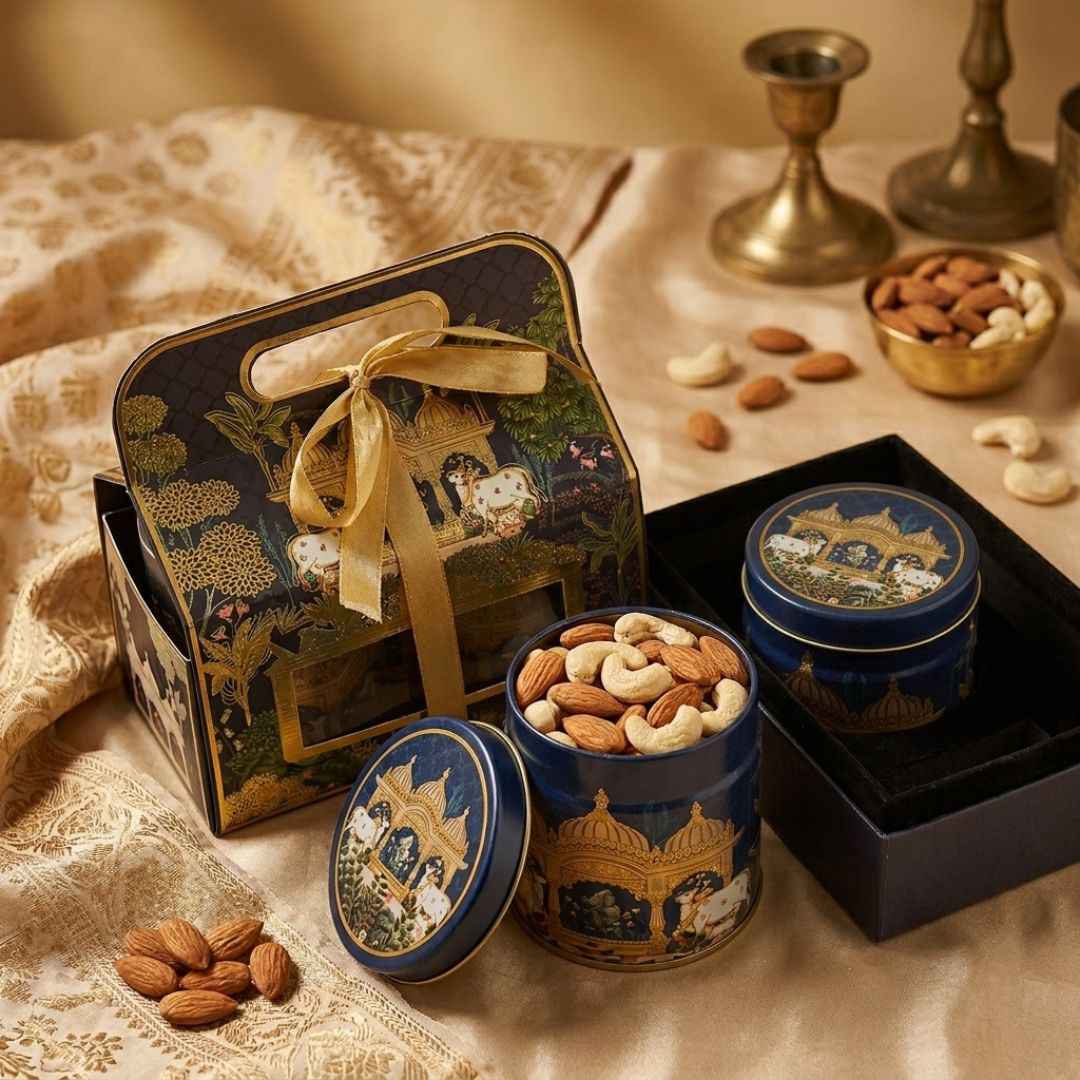 Pack of 6 Royal Blue Palace Printed Metal Tin Box with Lid – Premium Gift & Dry Fruit Packaging Box