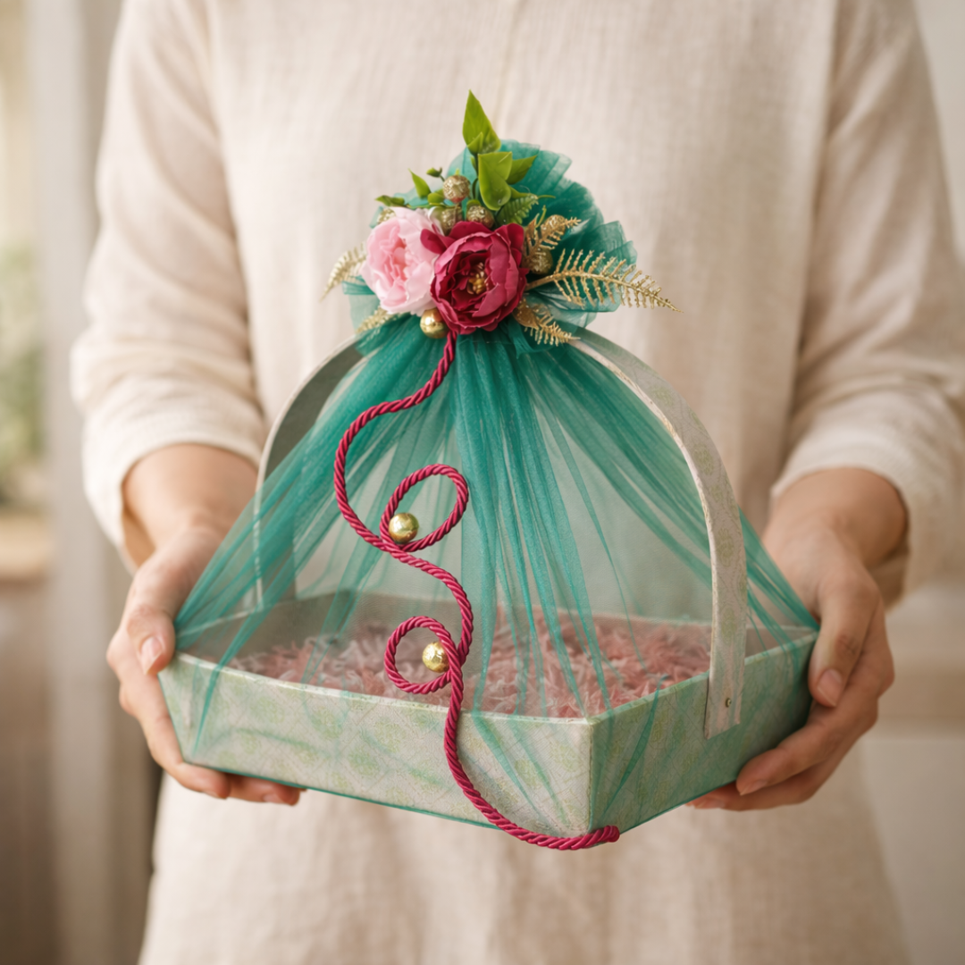 (Set of 3)Premium Mint Green Net Gift Basket with Floral Decor & Handle – 11 x 15 Inches