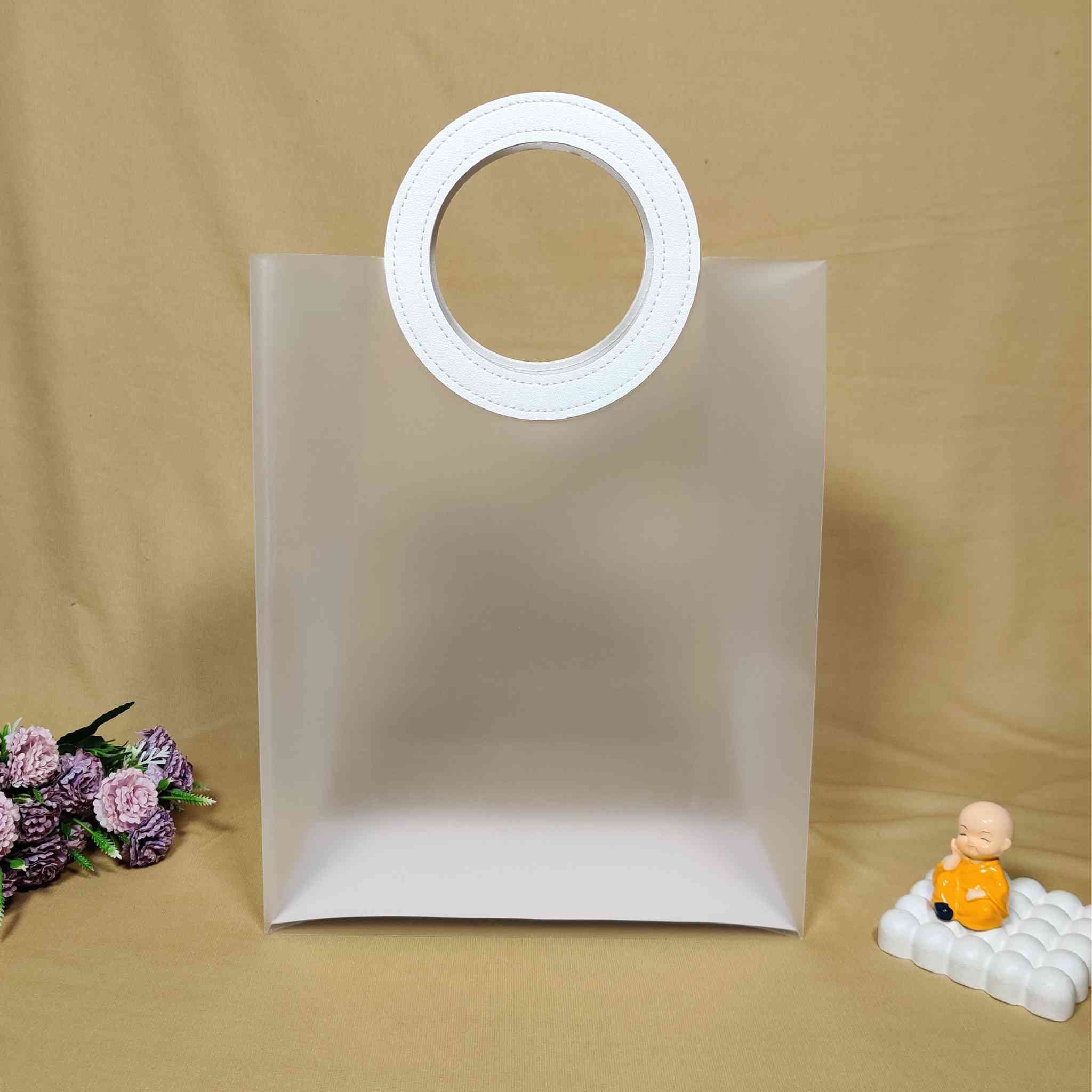 White Handle Transparent Bag For Gift Hamper (12x10 inches) | adscraft.in 