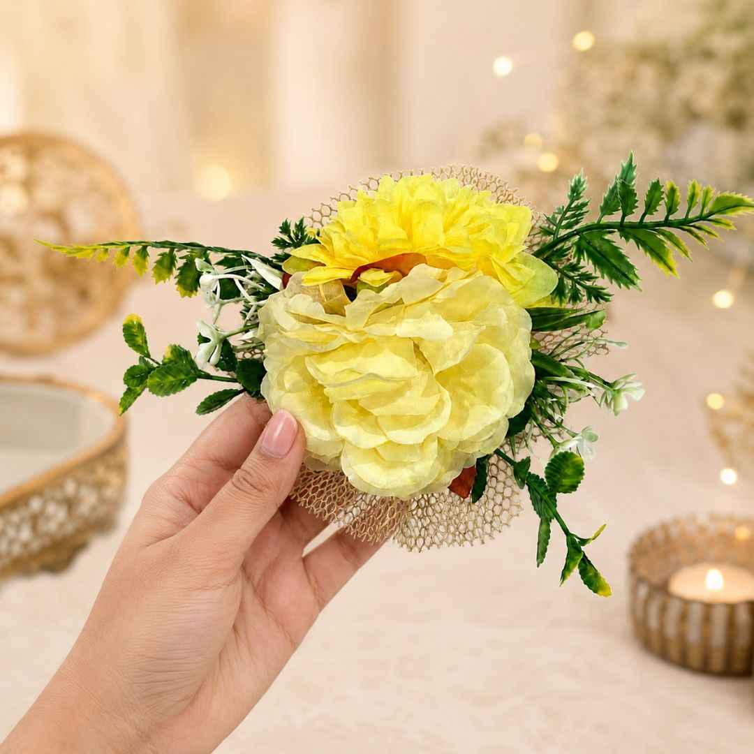 Yellow Floral Net Decoration Accessory for Hamper Packing
