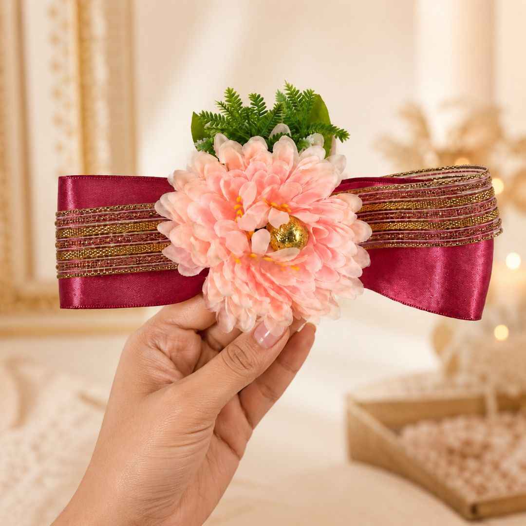 Set of 5 Peach Floral Ribbon Decorative Accessories for Hamper Decoration, Trousseau Packing & Wedding Trays