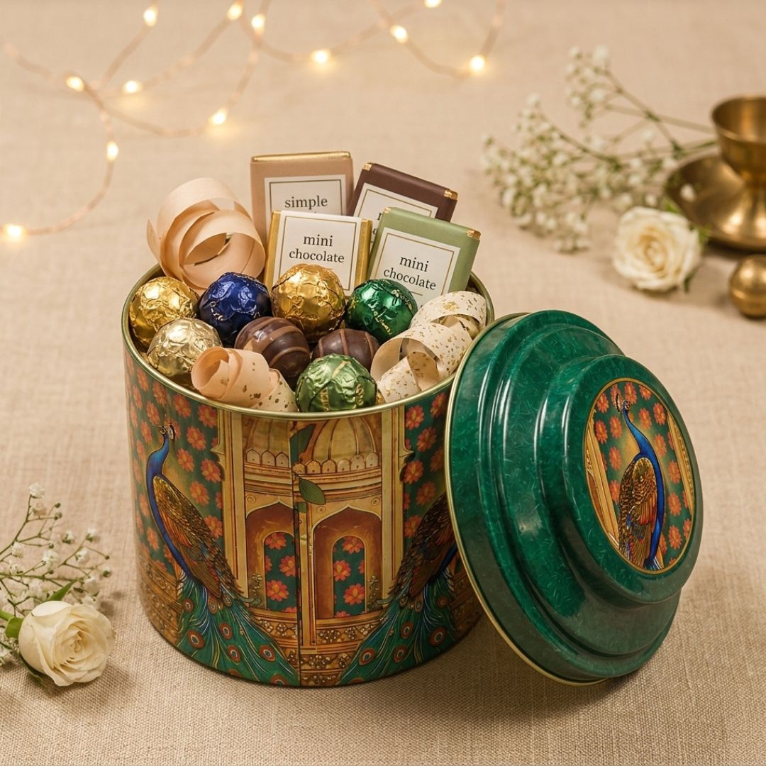 Pack of 6 Peacock Printed Metal Tin Box with Lid – Premium Gift & Dry Fruit Packaging Box
