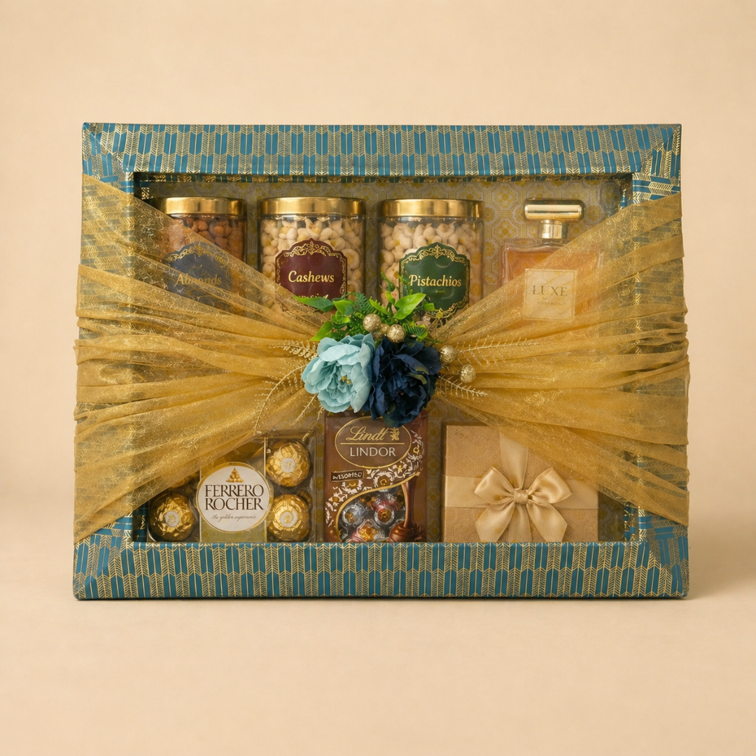 (Set of 3)Premium Blue & Gold Ready-to-Use Gift Tray  (18 x 14 Inch) – Decorative Wedding & Hamper Tray