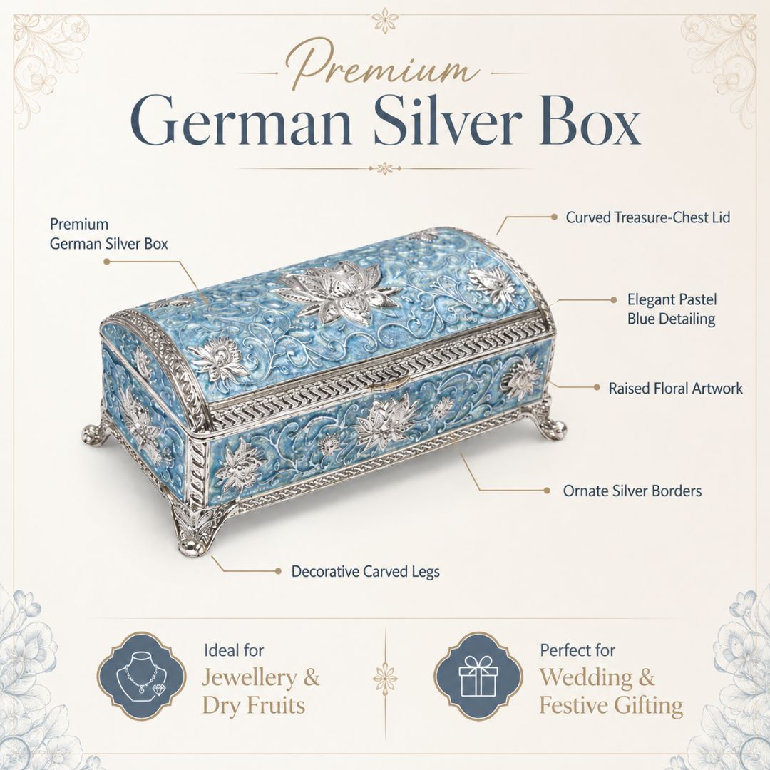 Luxury German Silver Floral Storage Box – Blue Enamel Finish (7.5 x 3.5 Inch)