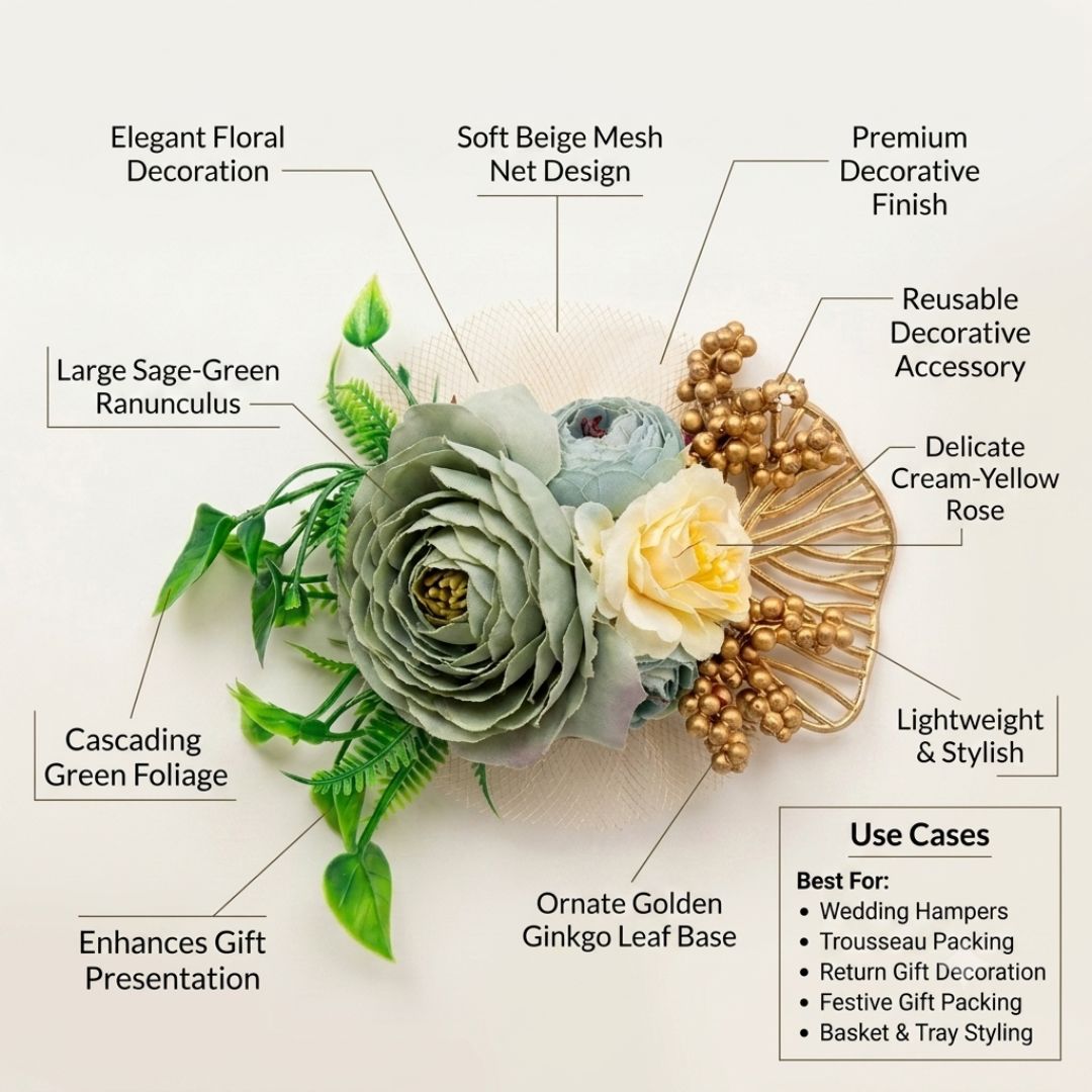 Set of 5 Sage Green & Gold Floral Decorative Accessories for Hamper & Trousseau Packing