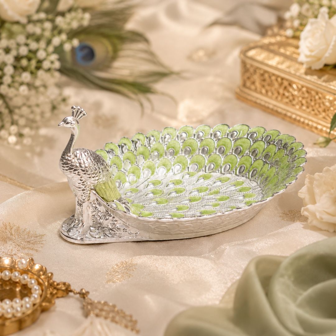 Peacock-Shaped German Silver Dry Fruit Tray – Green Enamel Finish (8 Inch) - Adscraft.in