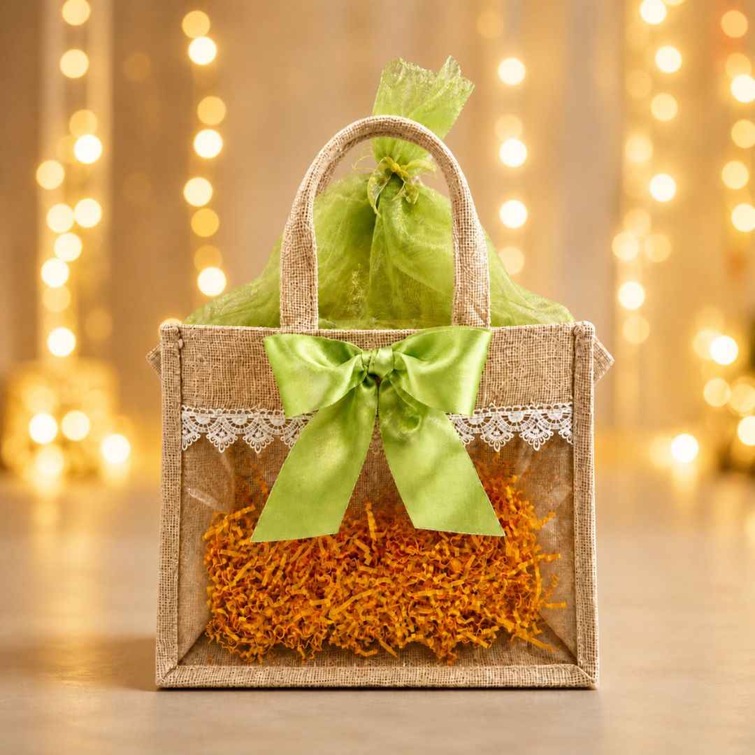 (Set of 5)Premium Jute Gift bags with Transparent Window & Green Bow – 12 x 15 Inches