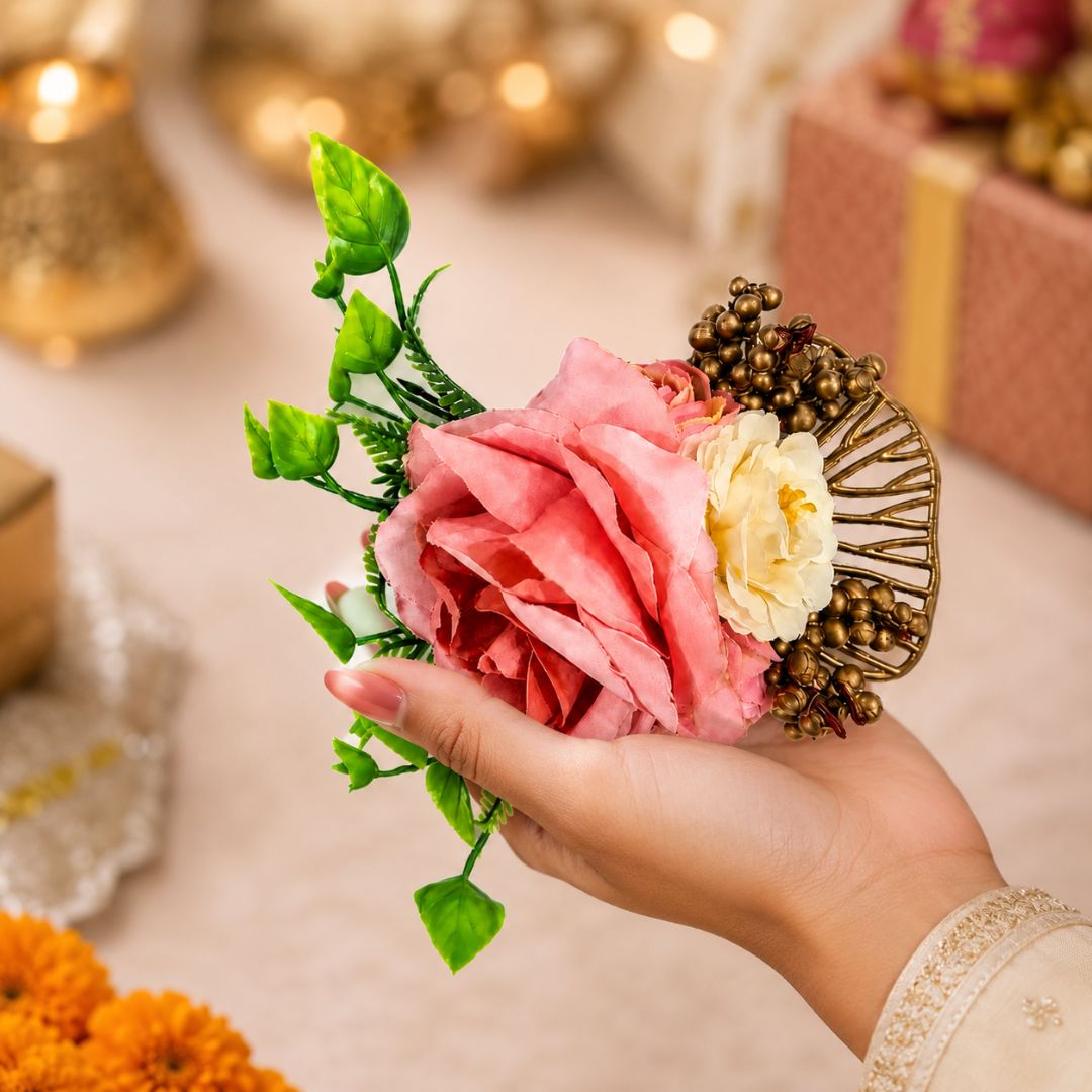 Set of 5 Peach & Gold Floral Decorative Accessories for Hamper & Trousseau Packing