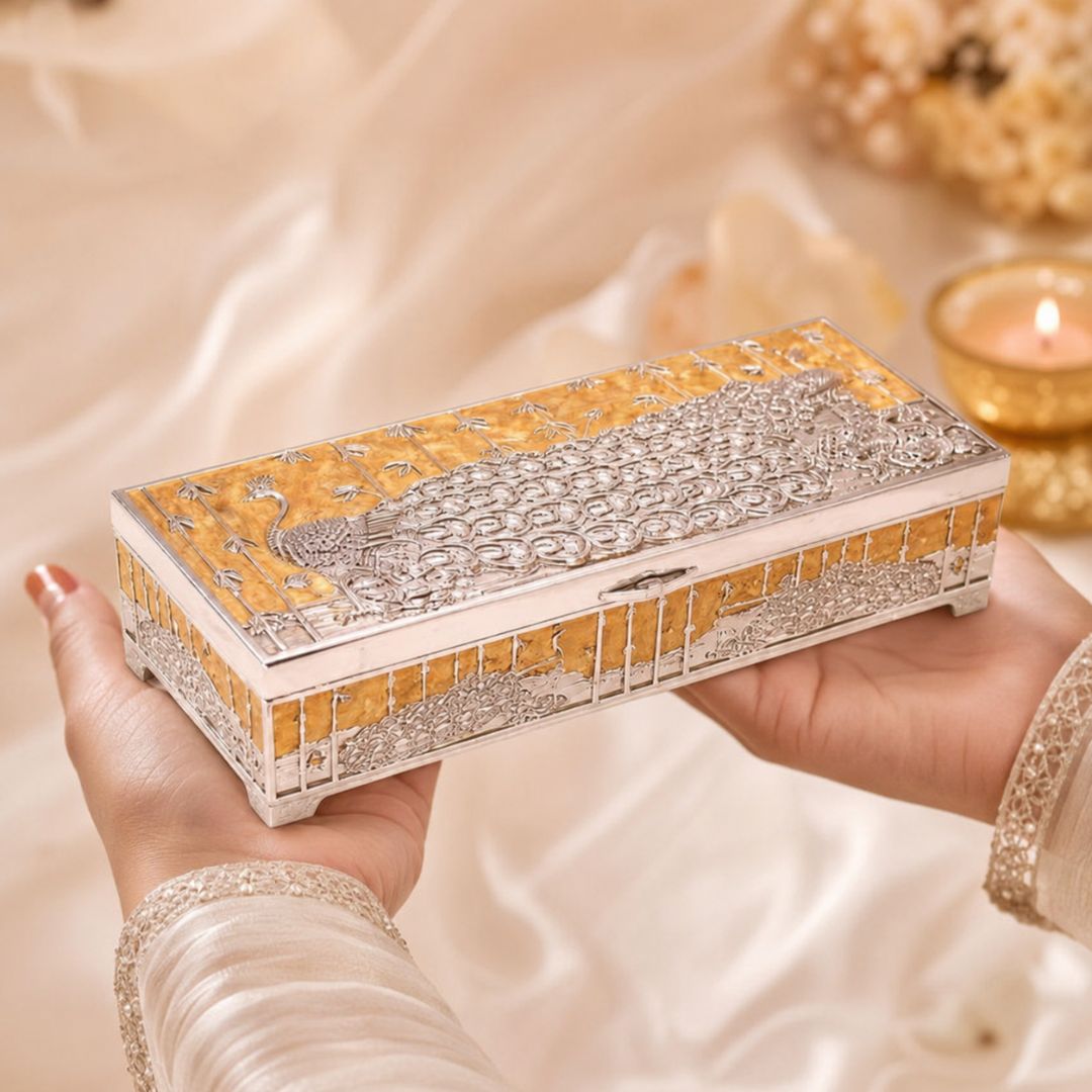 Premium German Silver Peacock Dry Fruit Box with Orange Enamel Finish (9 x 3.5 x 2 Inch)