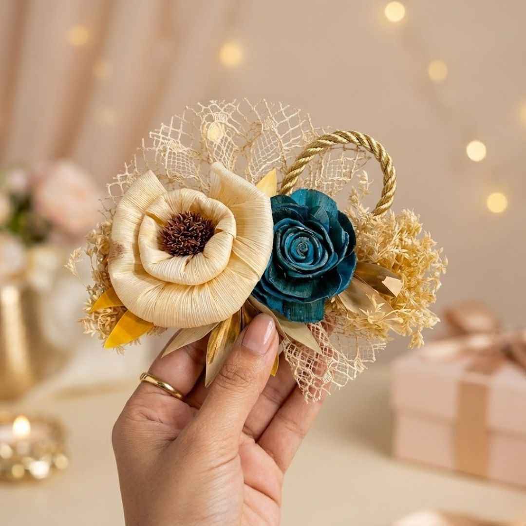 Set of 5 Cream & Teal Floral Decorative Accessories for Hamper & Trousseau Packing
