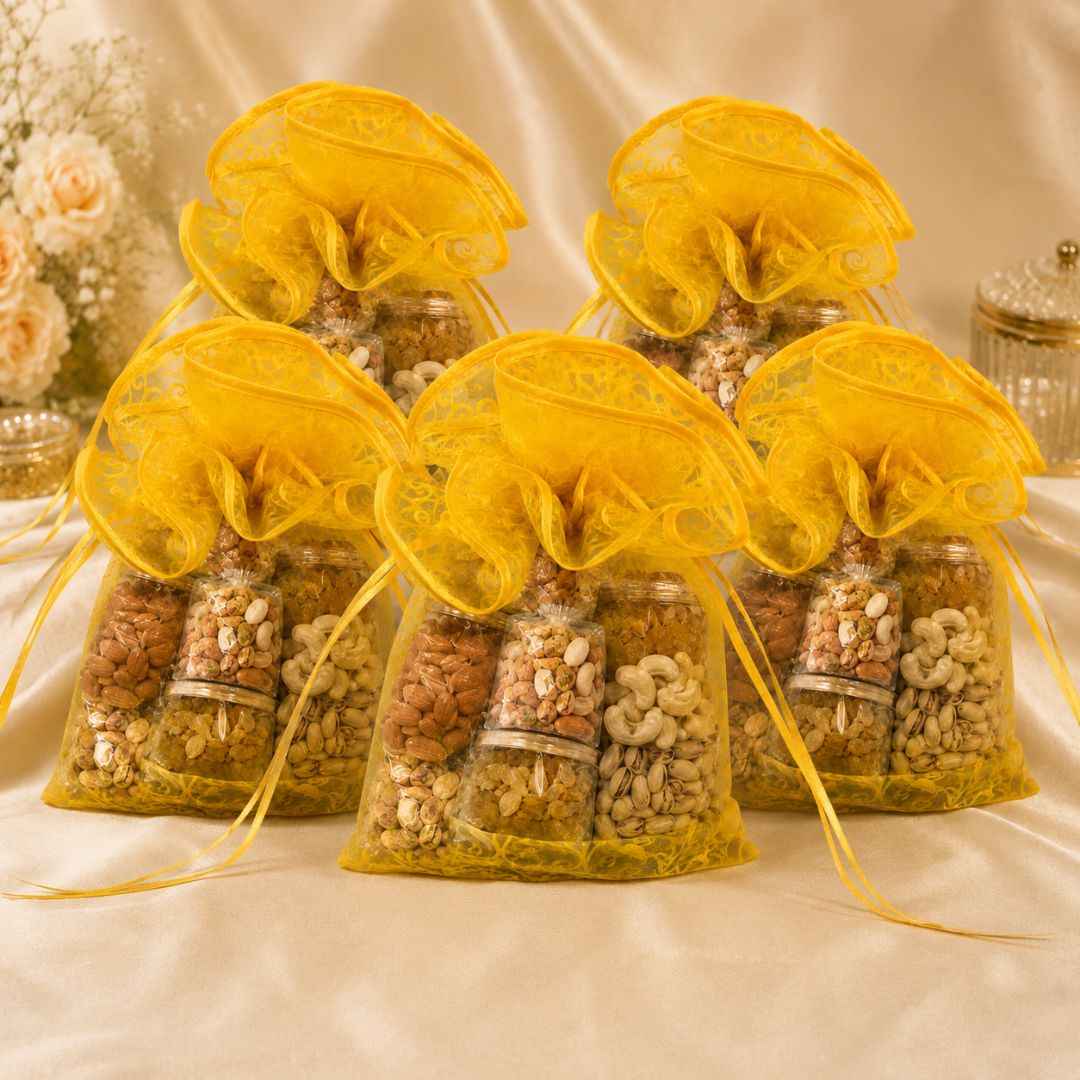 Yellow Organza Potli Gift Bag Pack of 5