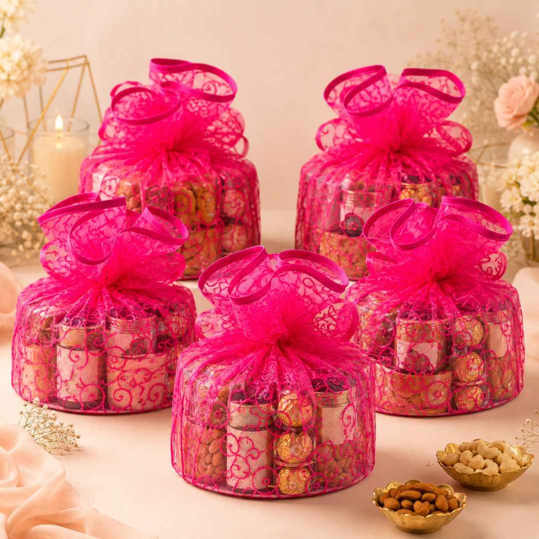 Pink Designer Organza Potli Basket – Set of 5