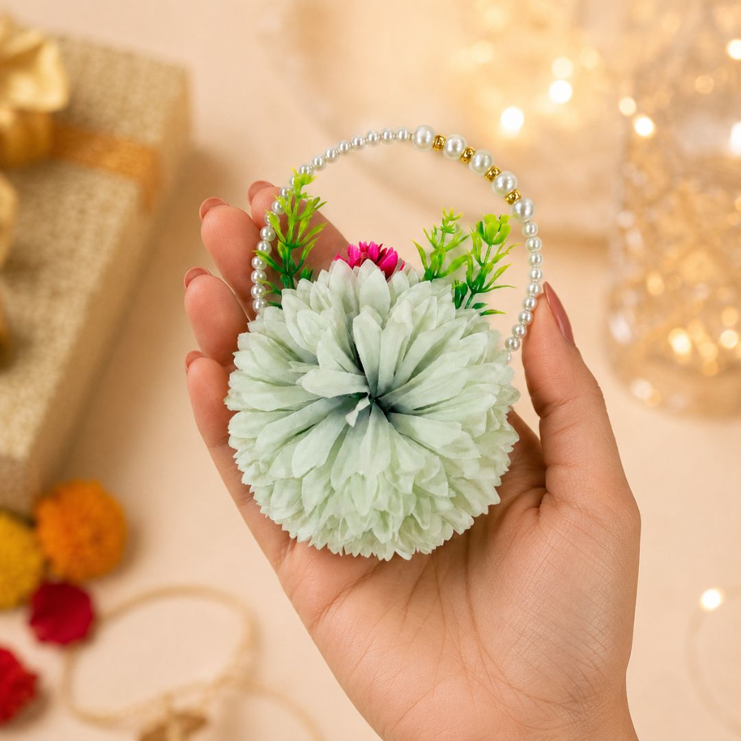 Set of 5 Mint Green Pearl Handle Floral Decorative Accessories for Hamper & Trousseau Packing