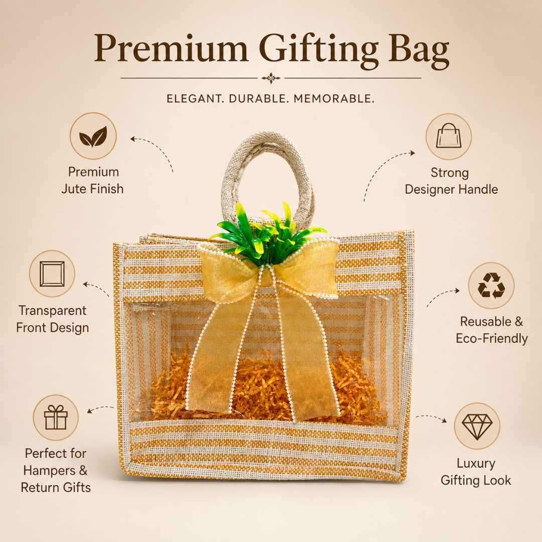 (Set of 5)Premium Jute Transparent Gift Bag with Golden Bow & Handle (12 x 14 Inch)