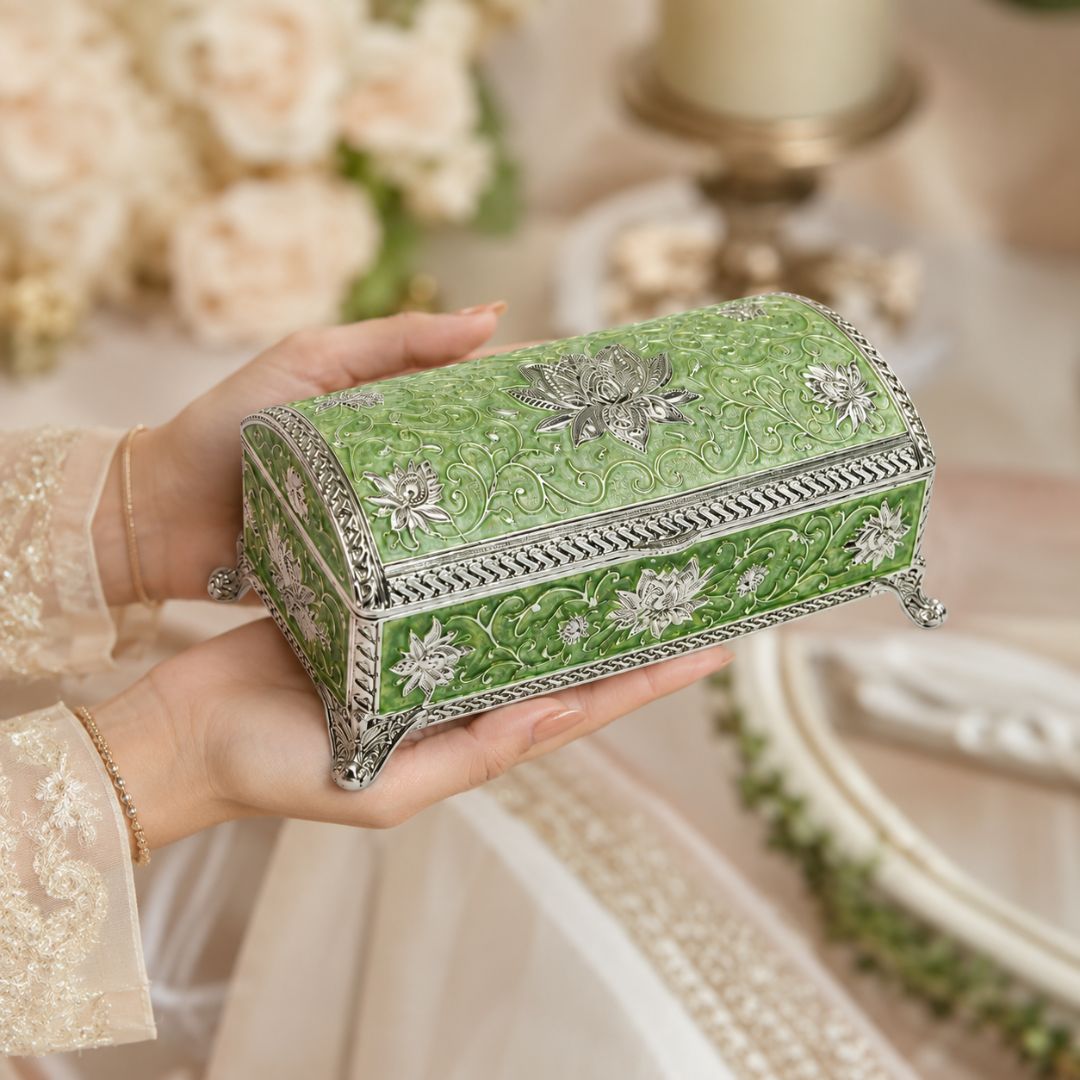 Luxury German Silver Floral Long Storage Box – Green Enamel Finish (7.5 x 3.5 Inch)