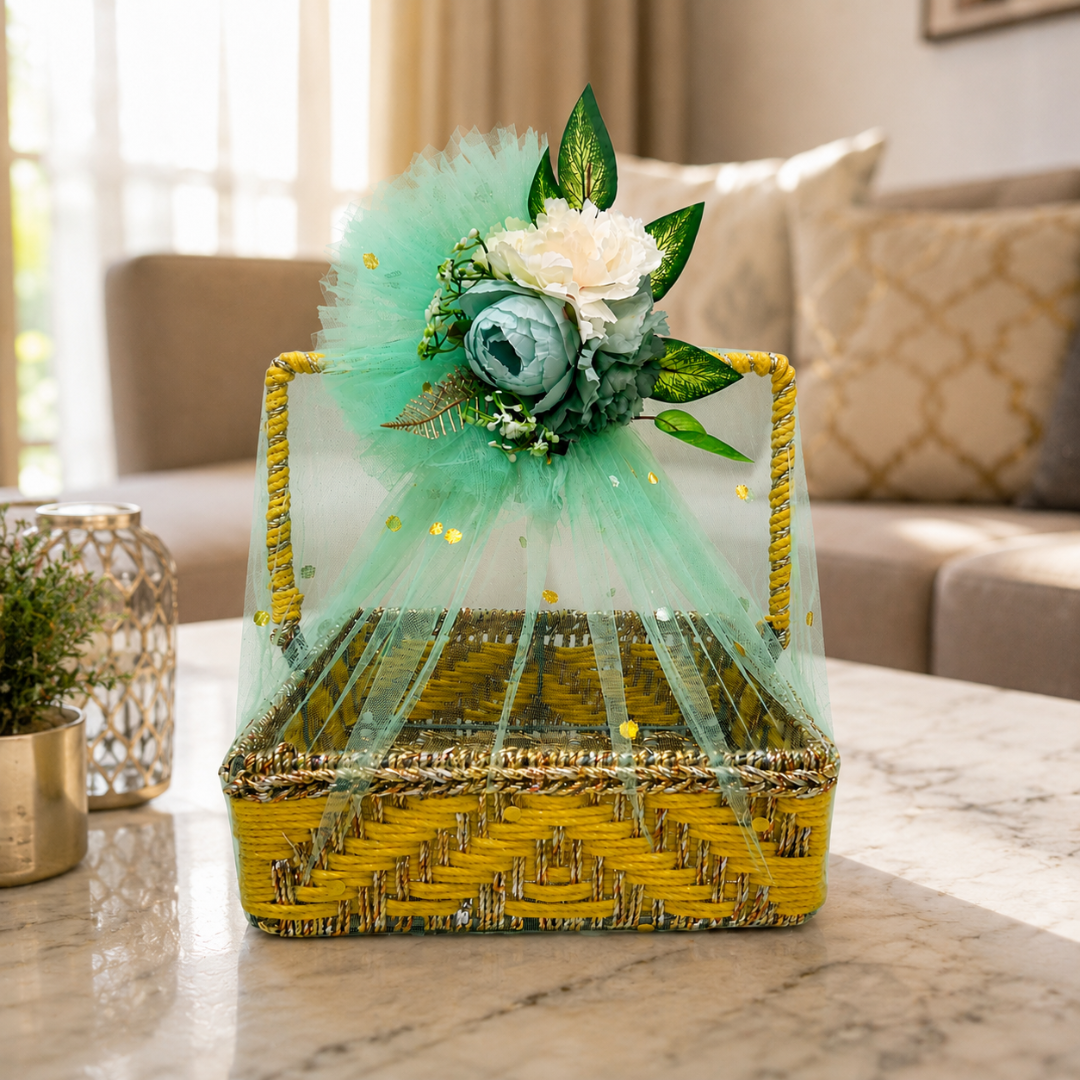 (Set of 3 )Premium Yellow Handwoven Trousseau Basket Set with Mint Net Decor –