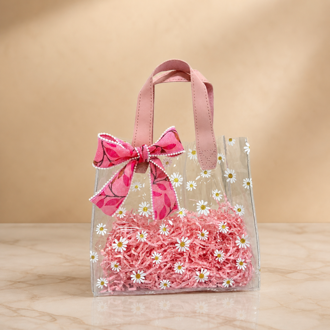 (Set of 5)Premium Transparent Floral Gift Bag with Bow Handle – (10 x 14 Inch)