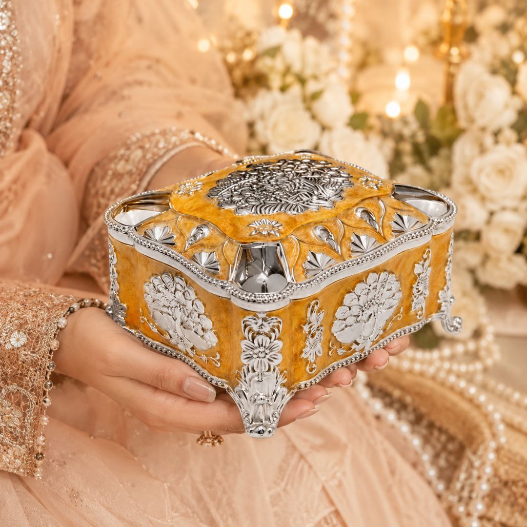 Mustard Enamel German Silver Decorative Jewellery & Keepsake Box (4 x 3 x 3 Inch)