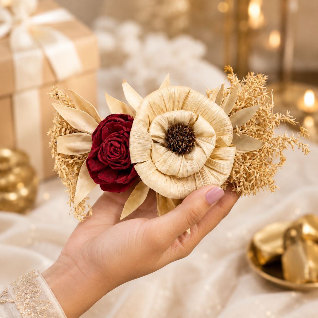 Set of 5 Cream & Red Floral Decorative Accessories for Hamper & Trousseau Packing