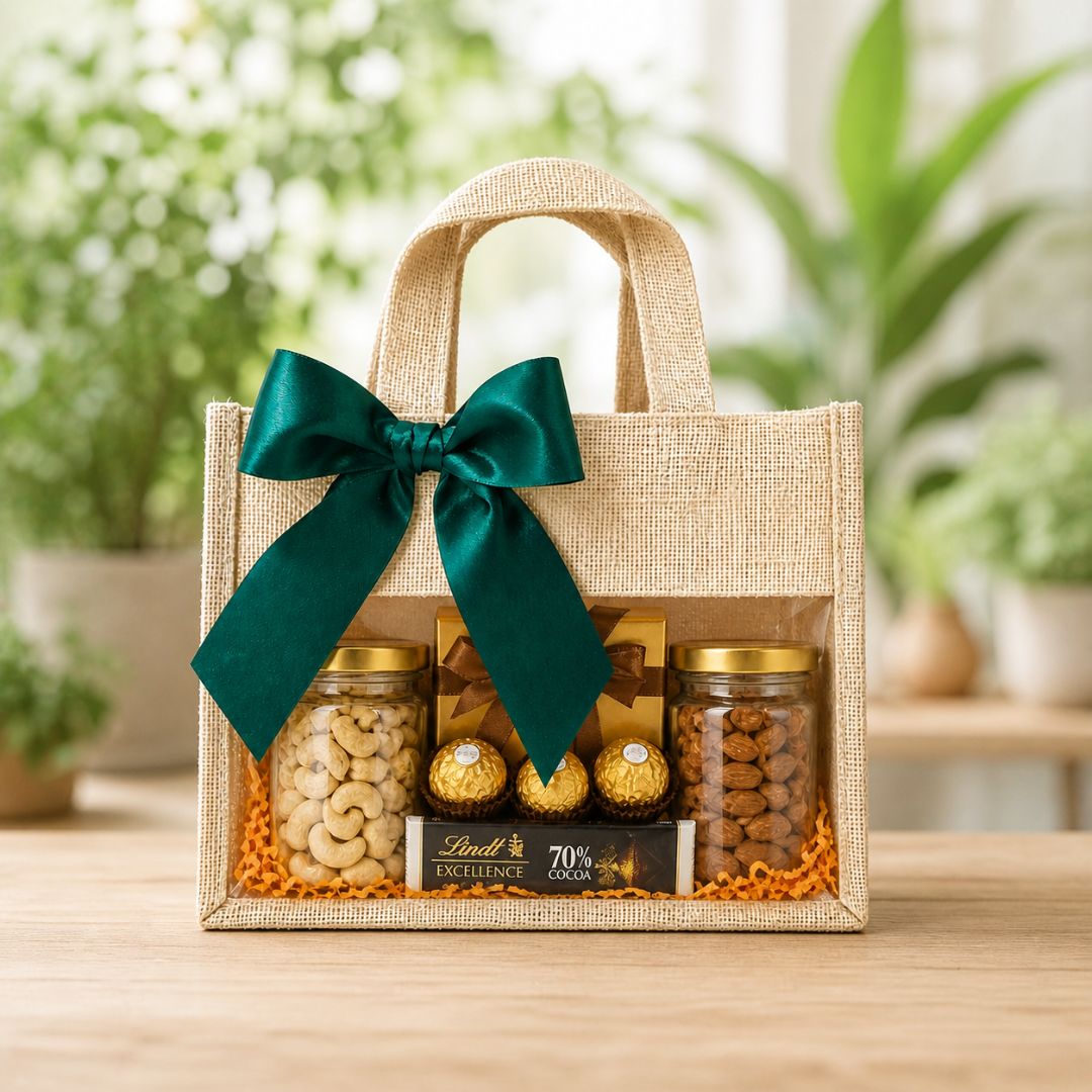 (Set of 5)Premium Jute Gift Bags with Transparent Window & Satin Bow – (12 x 12 Inch)