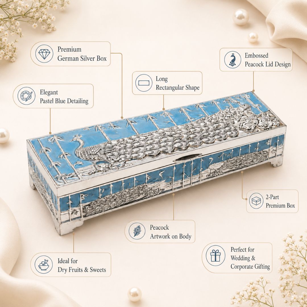 Premium German Silver Peacock Dry Fruit Box with Blue Enamel Finish (9 x 3.5 x 2 Inch)