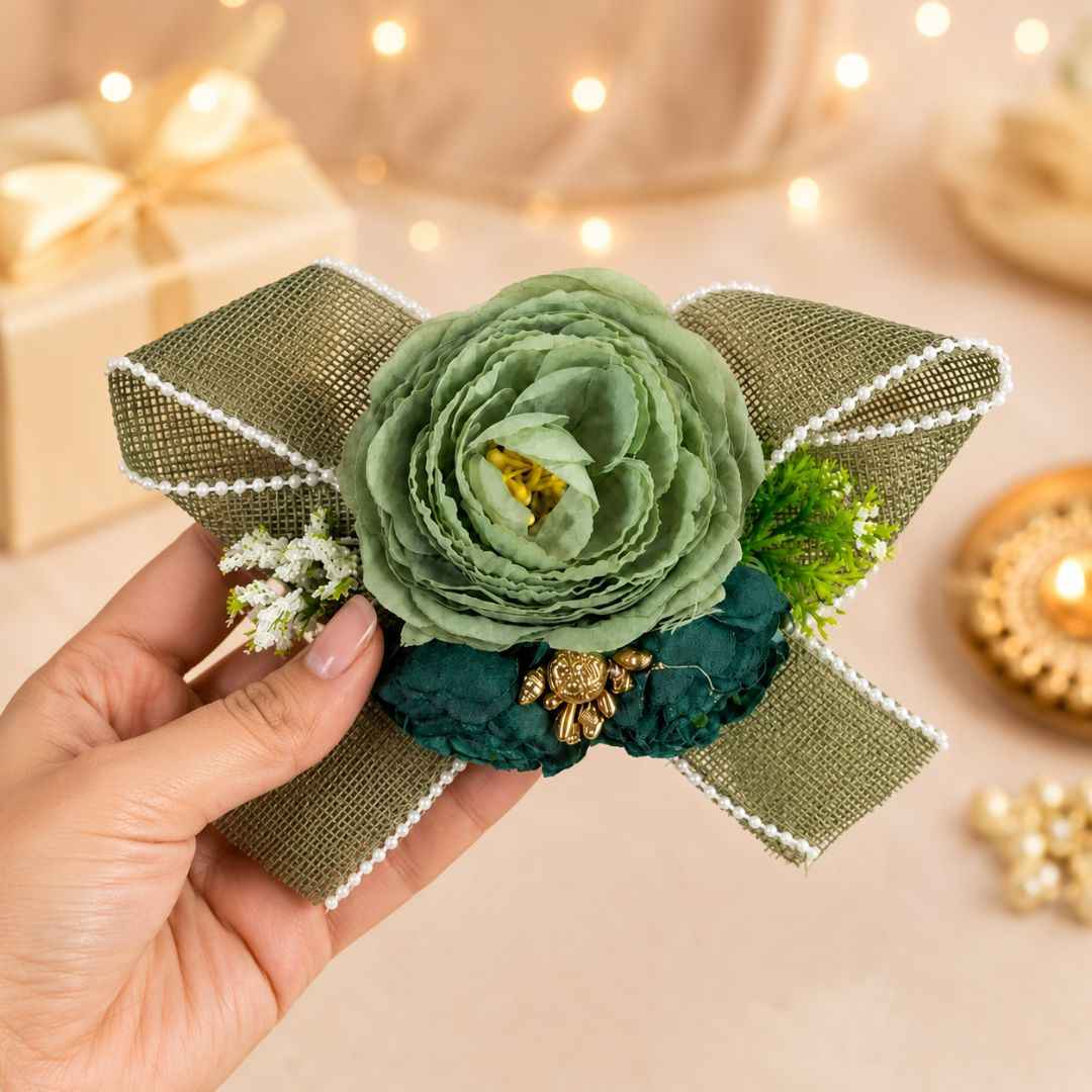 Set of 5 Sage Green Floral Decorative Accessories for Hamper Decoration & Trousseau Packing